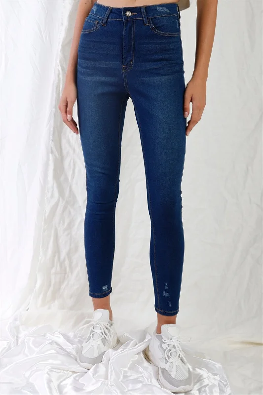 Women's Jodhpurs with Boat CollarFASHNZFAB Dark Blue High-waisted With Rips Skinny Denim Jeans