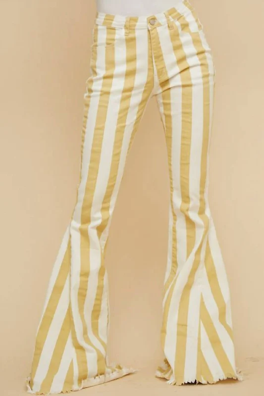 Women's Jodhpurs with Rounded HemStripped Bell Bottom Jeans In Mustard