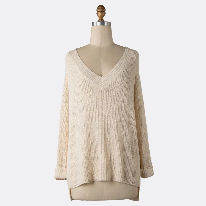 Women's Peter Pan Collar SweatersV Neck Knit Sweater (Beige)