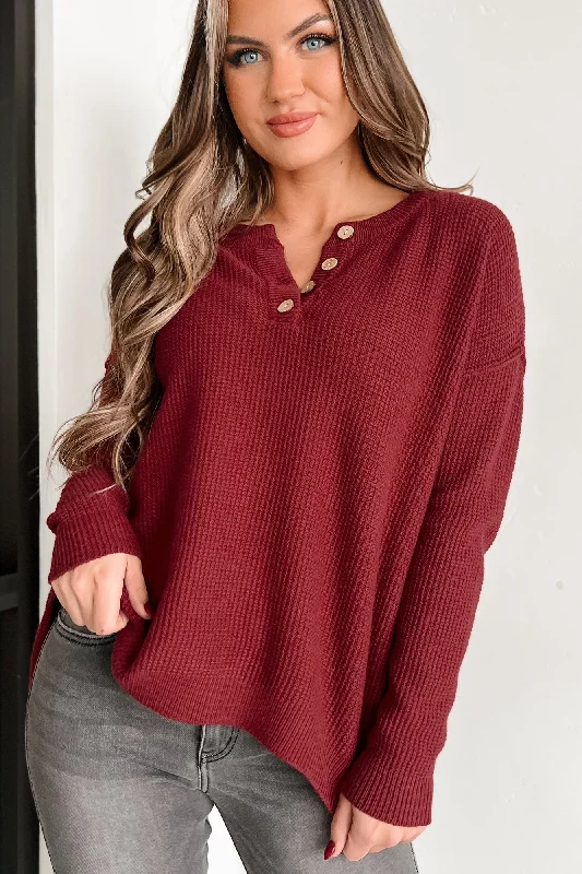 Women's Rounded Collar SweatersJoni Henley Sweater (Burgundy)