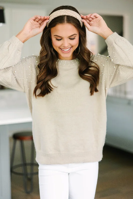 Women's U-Shaped Collar SweatersCan't Help But Love Oatmeal Brown Pearl Studded Sweater