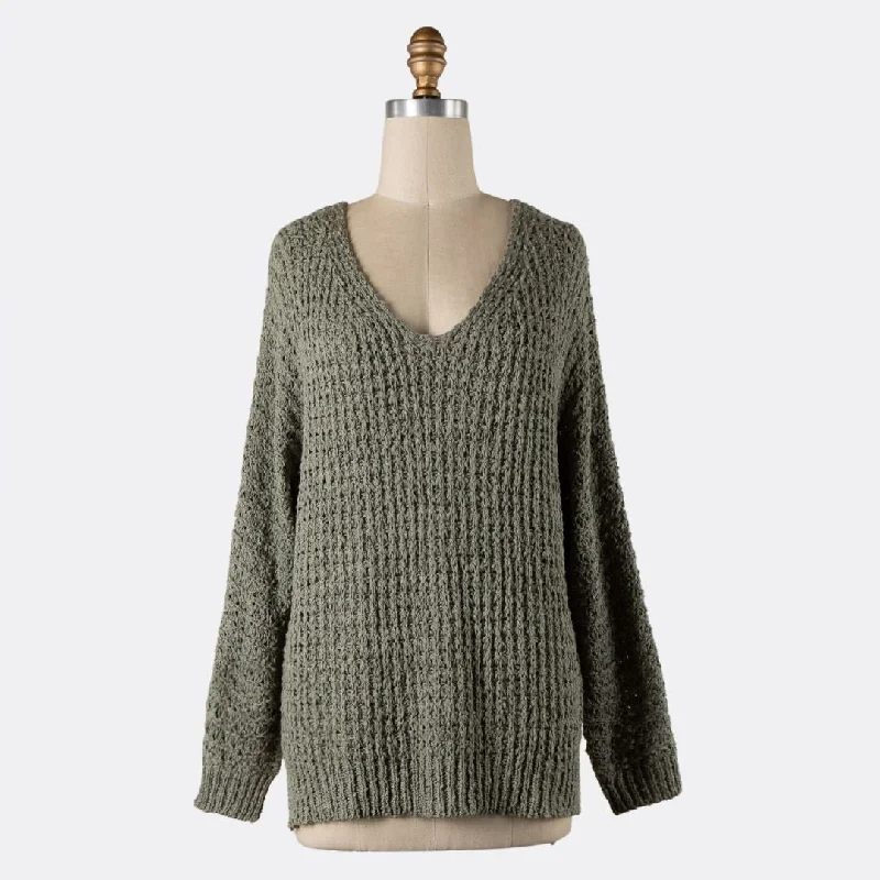 Women's Boat Collar SweatersV Neck Ribbed Trim Cable Knit Sweater (Sage)