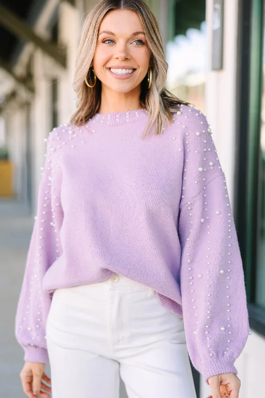 Women's Square Collar SweatersCan't Help But Love Lavender Purple Pearl Studded Sweater