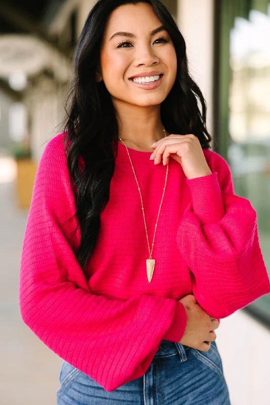 Women's Keyhole Collar SweatersIn The Works Fuchsia Pink Ribbed Sweater