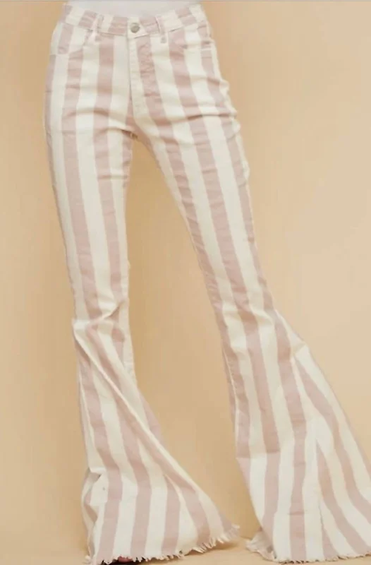 Women's Jodhpurs with High WaistStripped Bell Bottom Jeans In Light Pink