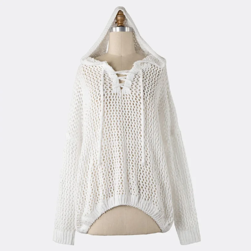 Women's V-Shaped Collar SweatersLace Up Open Cable Knit Chenille Hoodie Sweater (White)