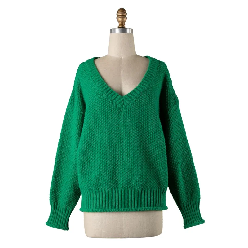 Women's Croatian Wool SweatersV-Neck Puff Sleeve Cable Knit Sweater (Green)