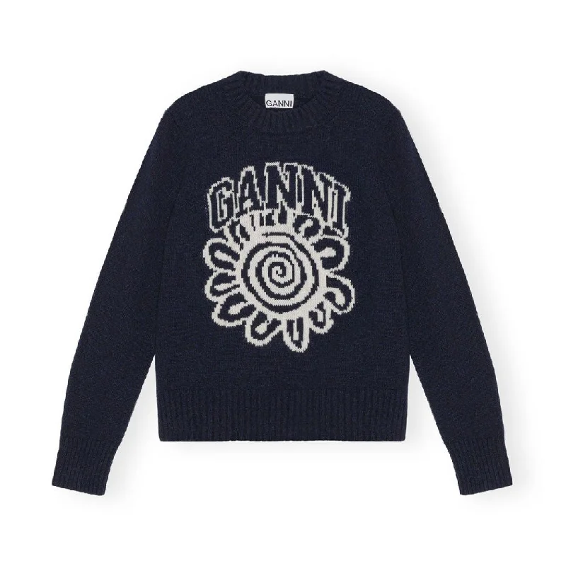 Women's Lithuanian Wool SweatersBlue Flower Graphic O-Neck Pullover (Sky Captain)