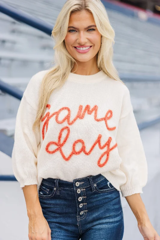 Women's Fitted SweatersIt's Game Day Ivory/Orange Puff Sleeve Sweater