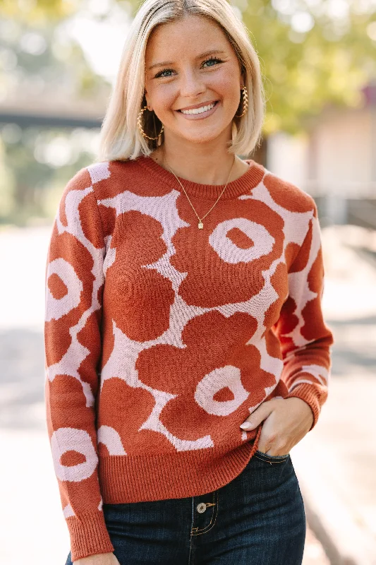 Women's Crew Neck SweatersStay Right There Brick Orange Floral Sweater