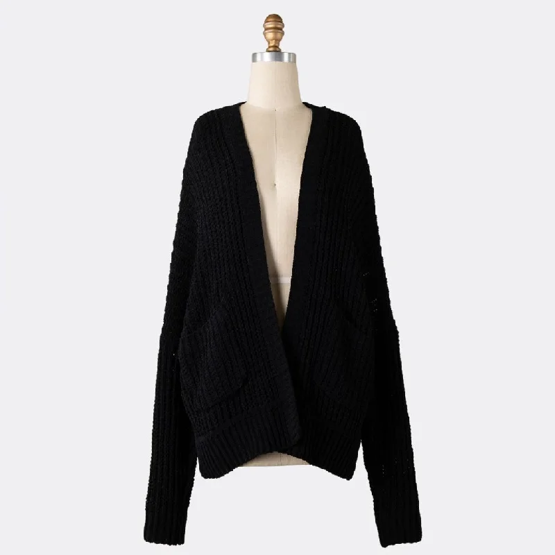 Women's Acrylic SweatersChenille Cable Knit Cardigan (Black)