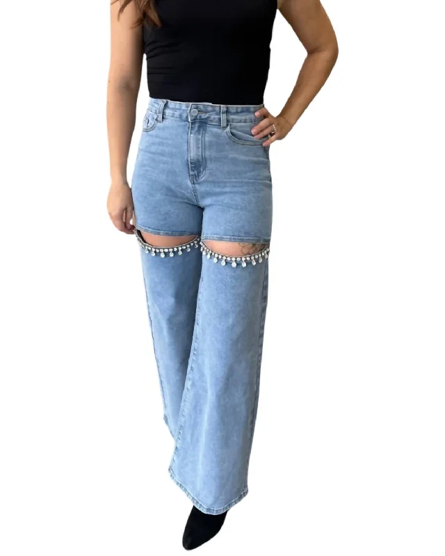 Women's Jodhpurs with Belt LoopsMid Rise Crystal Slit Knee Jeans In Light Wash