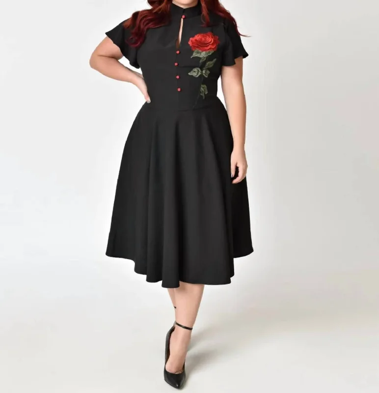 Women's Rounded Collar Dresses1950's Red Rose Baltimore Swing Dress In Black