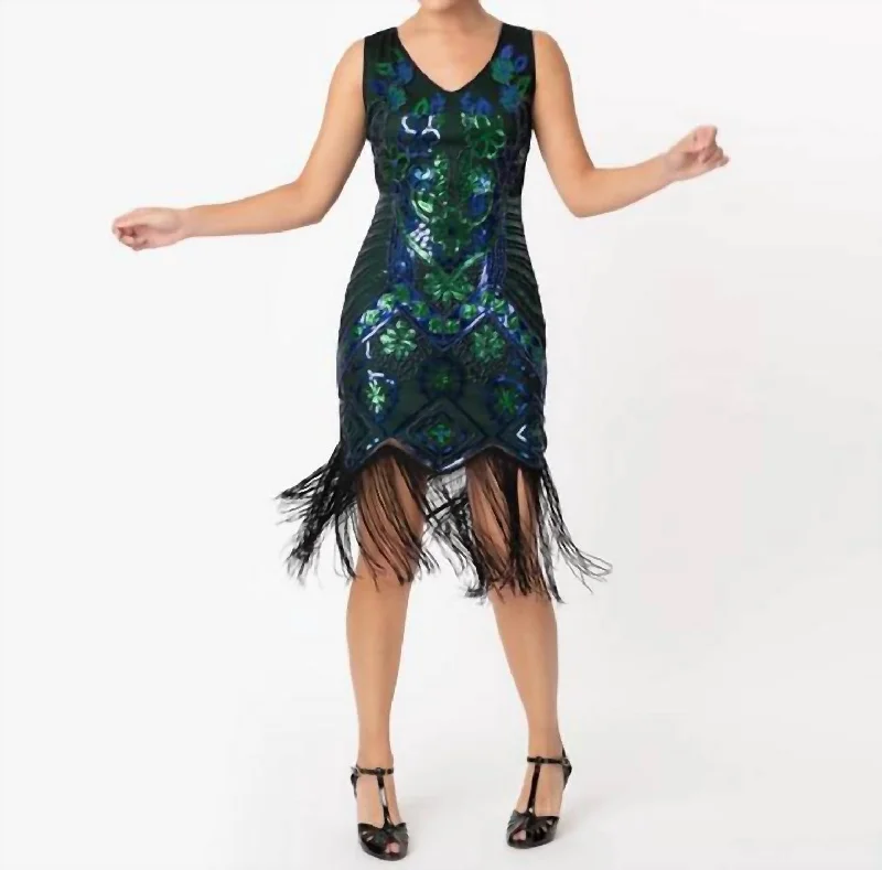 Women's U-Shaped-Neck DressesBeaded Fringe Flapper Dress In Emerald/royal