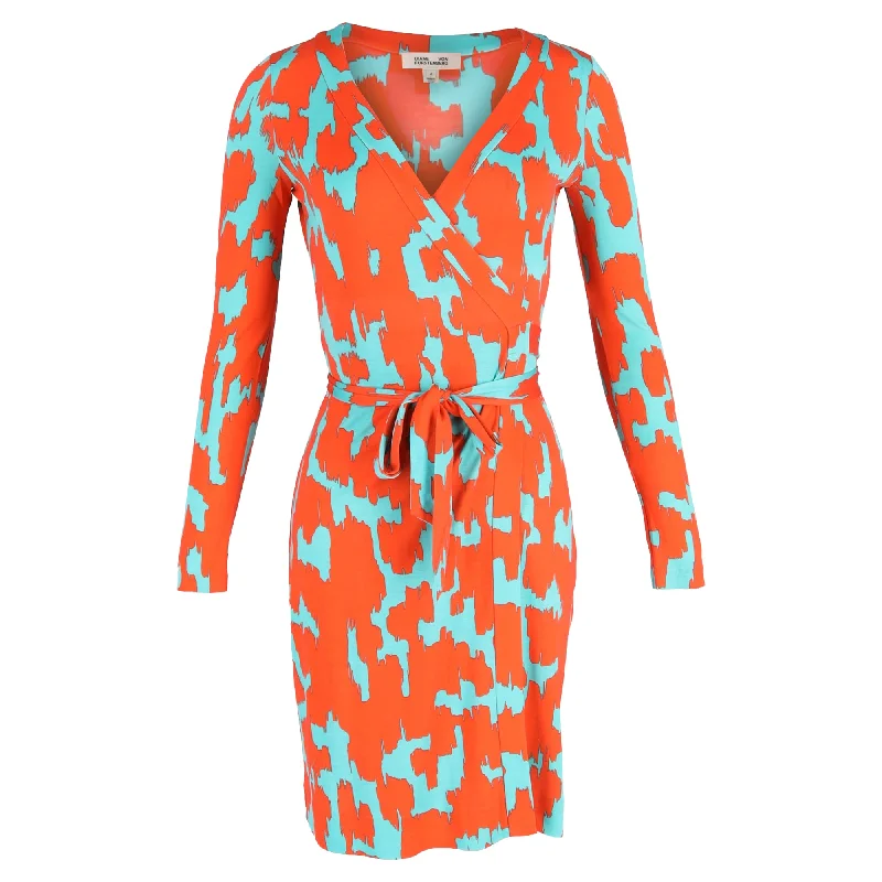 Women's Rounded-Neck DressesDiane von Furstenberg Printed Wrap Dress in Orange Silk