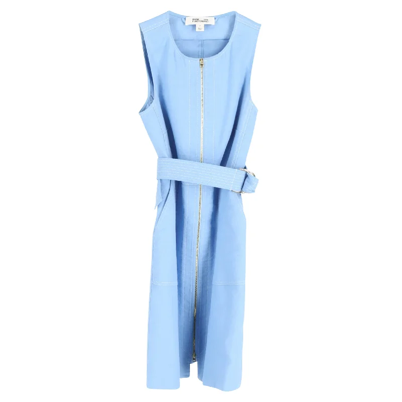 Women's Mandarin-Neck DressesDiane Von Furstenberg Sleeveless Zip Front Dress in Light Blue Cotton