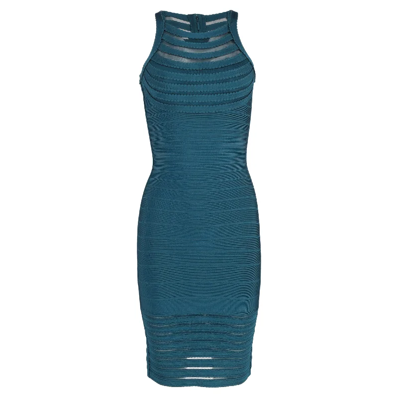 Women's Cap-Sleeve DressesHerve Leger Emely Halter Neck Bandage Dress in Teal Rayon