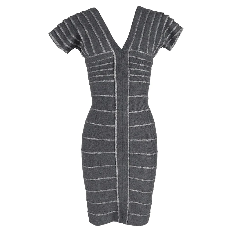 Women's Shawl Collar DressesHerve Leger Threaded V-Neck Sheath Dress in Grey Rayon