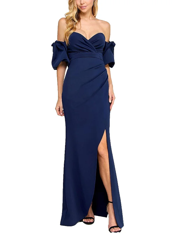 Women's V-Shaped Collar DressesJuniors Womens Off-The-Shoulder Ruched Evening Dress