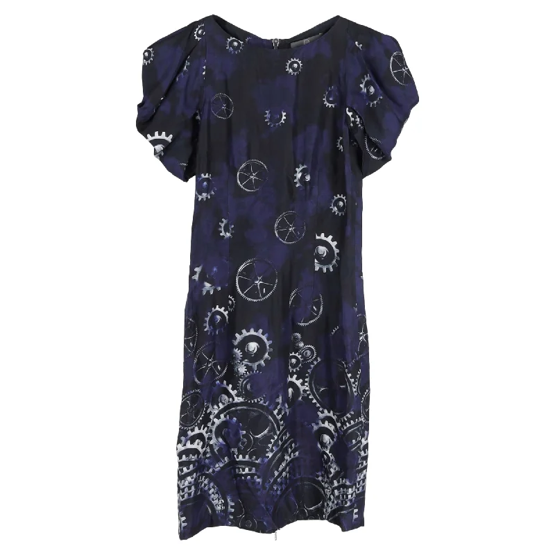 Women's Cut-Out DressesMcQ by Alexander McQueen Printed Puff Sleeve Dress in Blue Silk