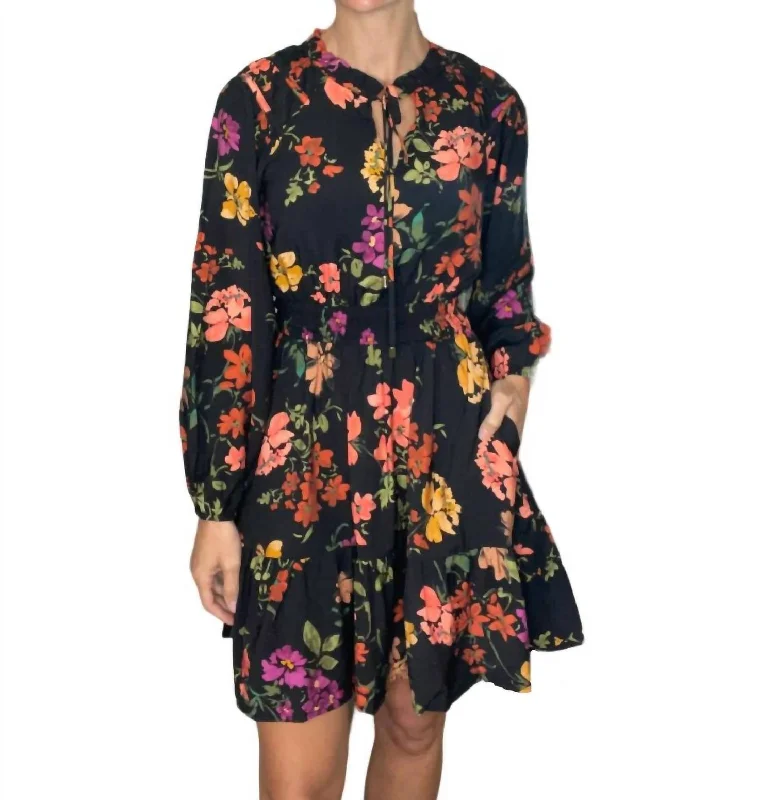 Women's Notched Collar DressesMica Floral Dress In Black