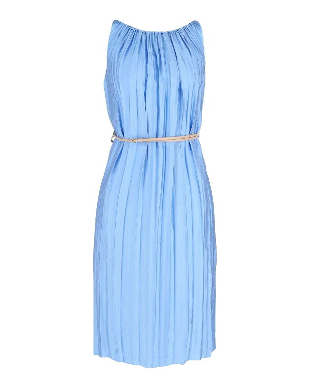 Women's U-Shaped Collar DressesNina Ricci Pleated Belted Dress in Blue Viscose