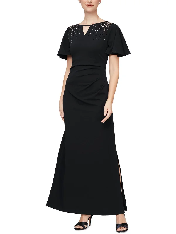 Women's Keyhole Collar DressesPetites Womens Embellished Flutter Sleeve Evening Dress