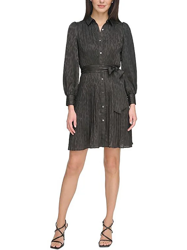 Women's Low Collar DressesPetites Womens Jacquard Paint Brush Print Shirtdress