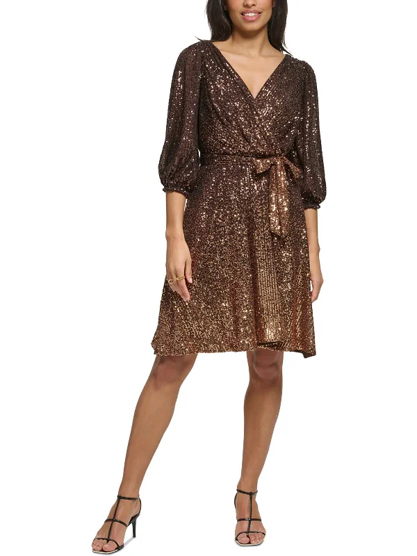 Women's Wide-Neck DressesPetites   Womens Sequined Polyester Wrap Dress