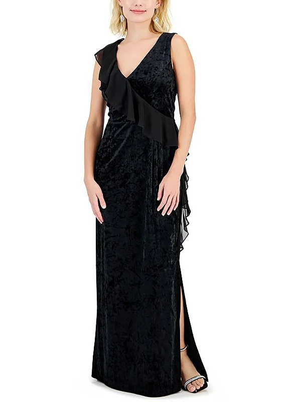 Women's Sleeveless DressesPetites Womens Velvet Ruffled Evening Dress