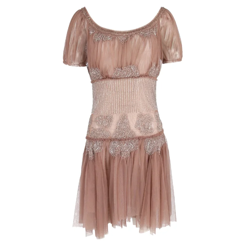 Women's Flared DressesPhilosophy di Lorenzo Serafini Embellished Sheer Dress in Rose Pink Chiffon