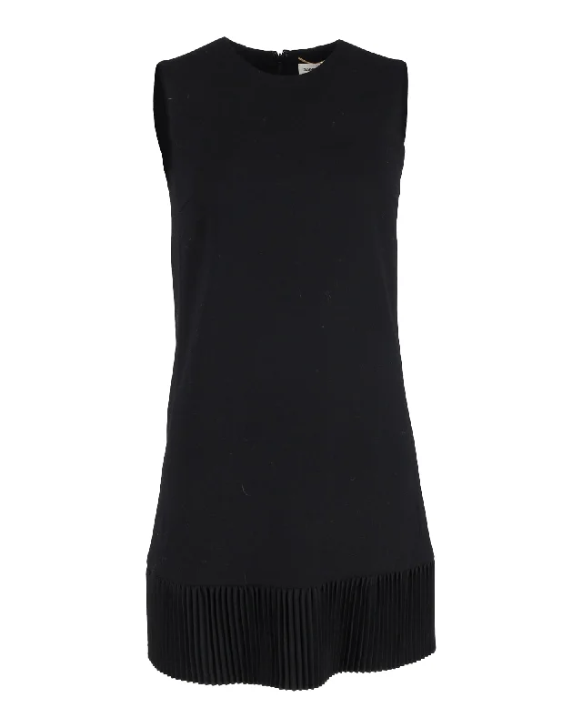 Women's Rounded Collar DressesSaint Laurent Sleeveless Dress With Pleated Hem in Black Wool