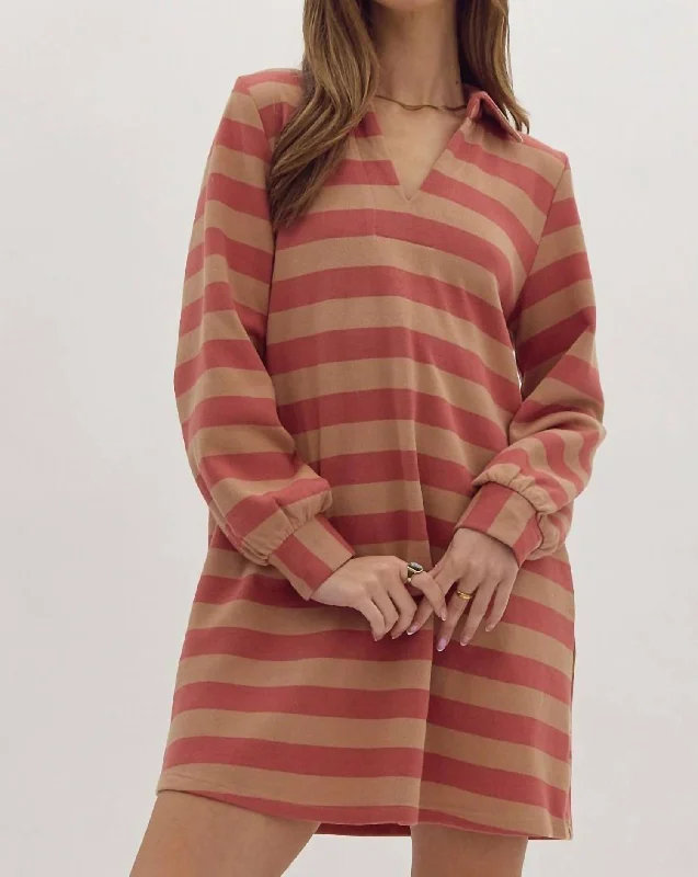 Women's Keyhole Collar DressesStriped Dress In Rust