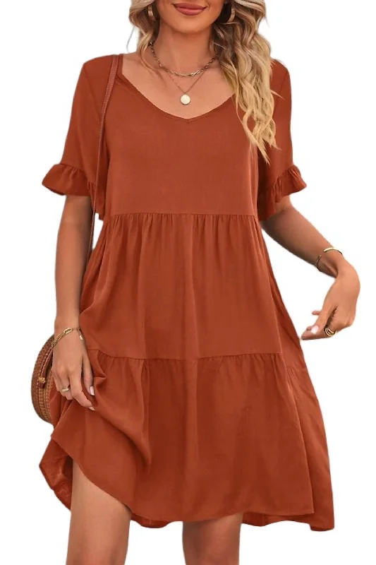  Women's A-Line DressesV-Neck Tiered Dress In Rust