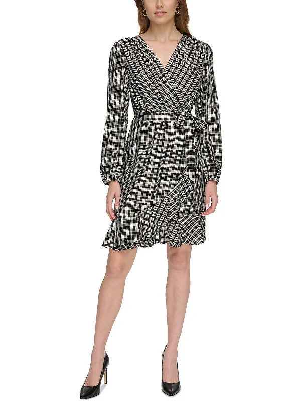 Women's High-Neck DressesWomens Checker Ruffle Hem Wrap Dress