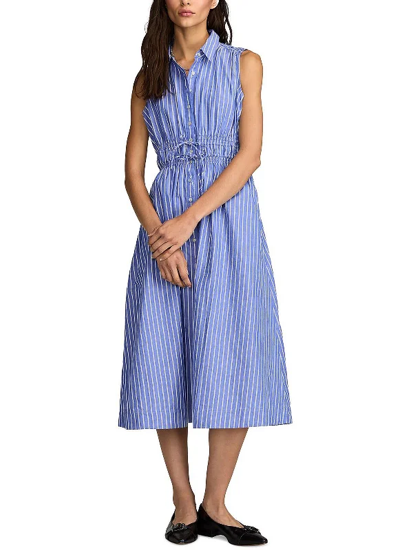 Women's High Collar DressesWomens Cotton Striped Shirtdress