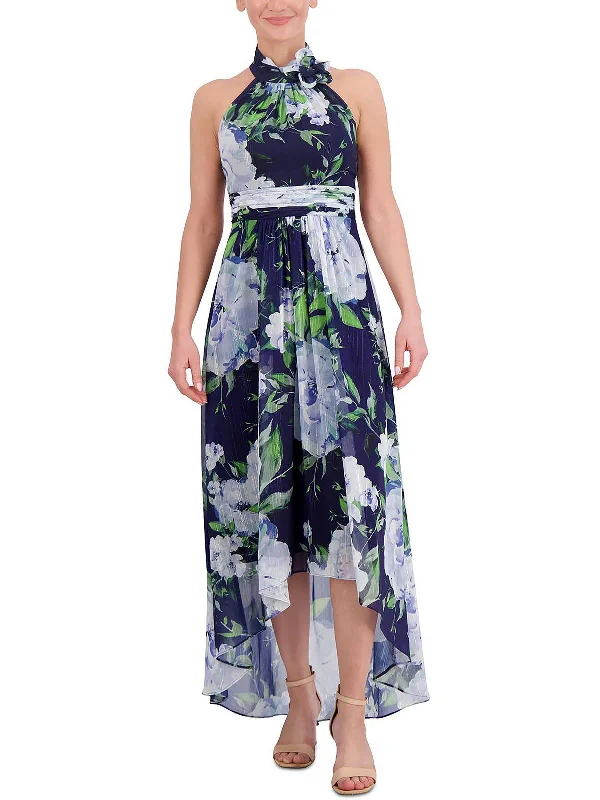 Women's U-Shaped Collar DressesWomens Floral Metallic Halter Dress