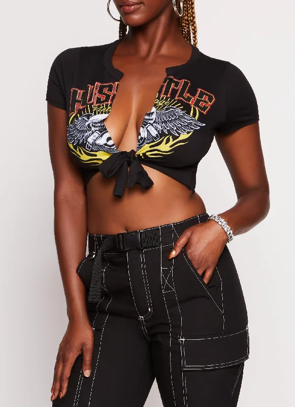 Women's Blouse with Notched CollarHustle Graphic Tie Front Crop Top