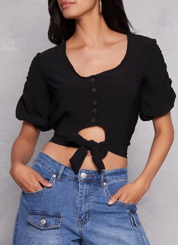 Women's Blouse with Square CollarPuff Sleeve Cut Out Button Front Top