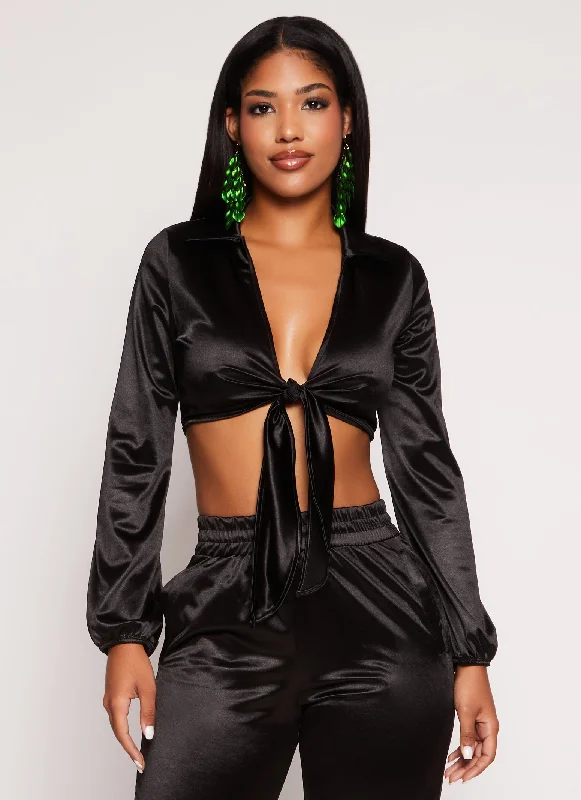 Women's Blouse with Wide CollarSatin Tie Front Long Sleeve Crop Top