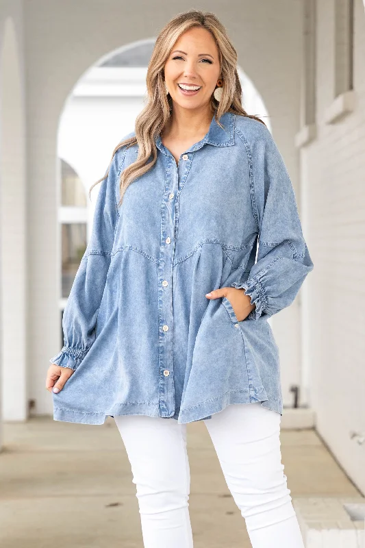 Women's Blouse with V-Shaped CollarChambray Chic Top, Acid Wash