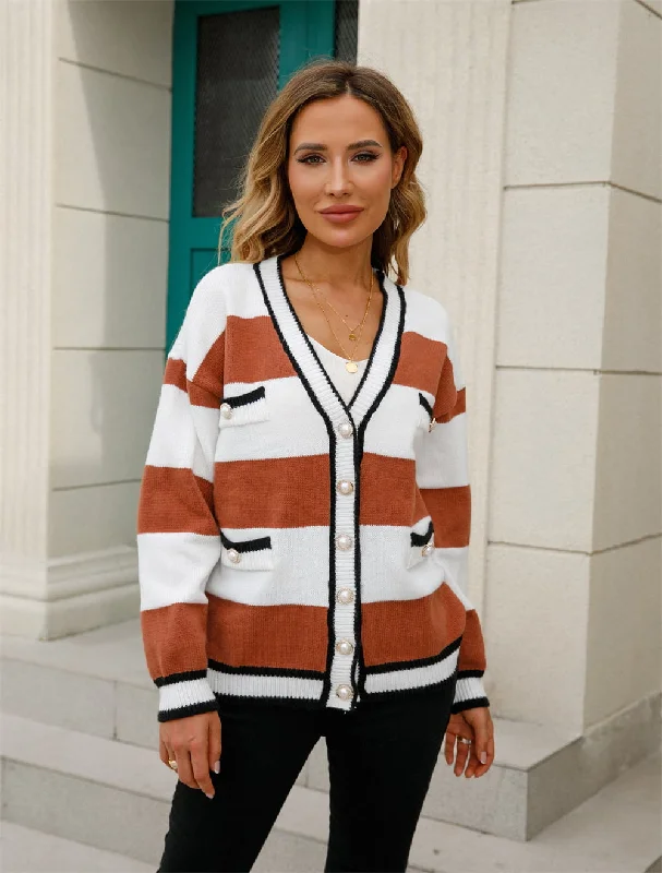 Women's Blouse with CollarColor Block V-Neck Long Sleeve Cardigan