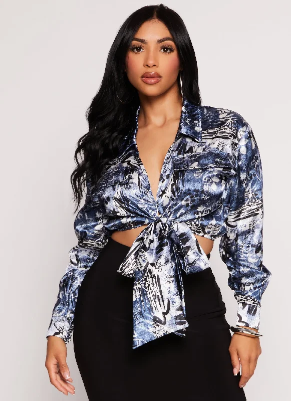 Women's Blouse with High CollarSatin Printed Long Sleeve Tie Front Blouse