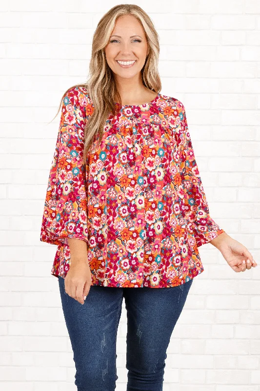 Women's Blouse with Shawl CollarFalling Back Top, Magenta Multi