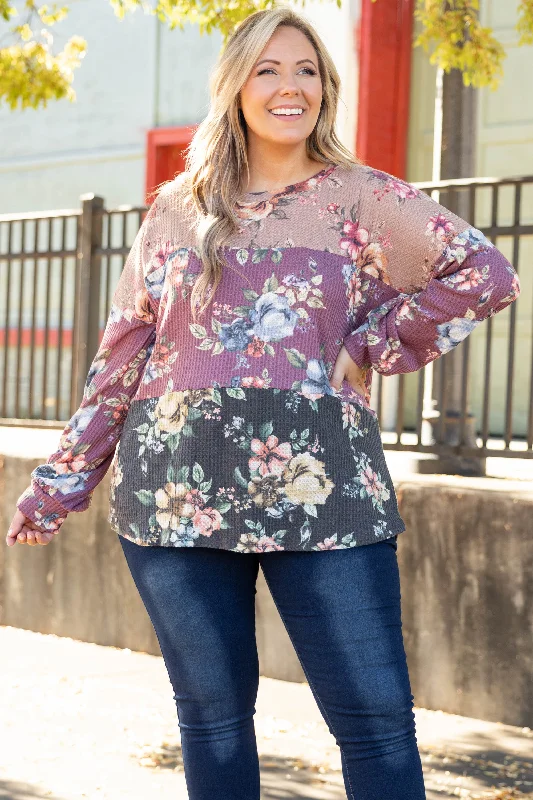 Women's Blouse with Narrow CollarFalling Petals Top, Taupe