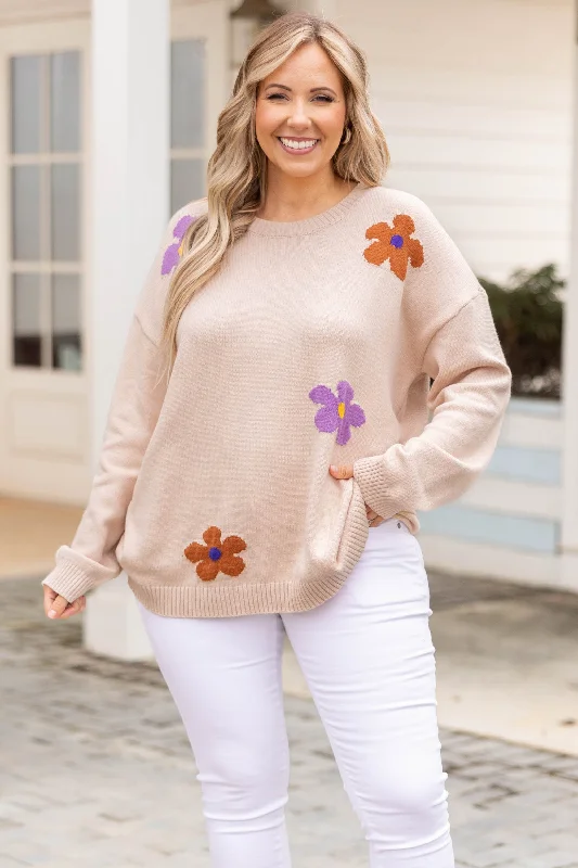 Women's Blouse with Collarless NeckGoing Daisy Picking Sweater, Taupe