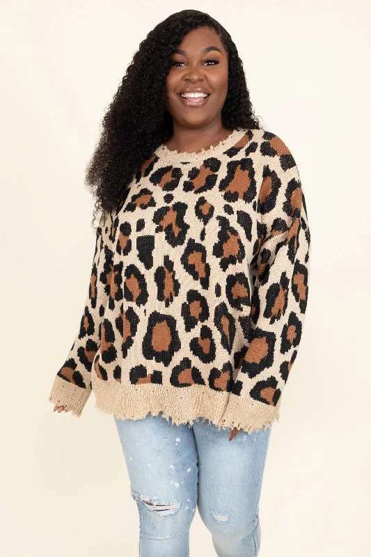 Women's Blouse with U-Shaped CollarGrowl Power Sweater, Leopard