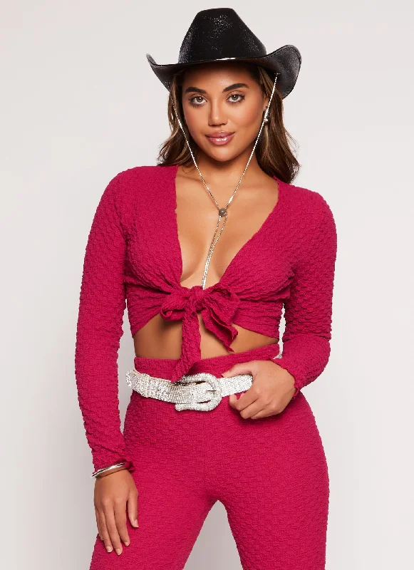 Women's Blouse with Short SleevesTextured Knit Long Sleeve Tie Front Crop Top