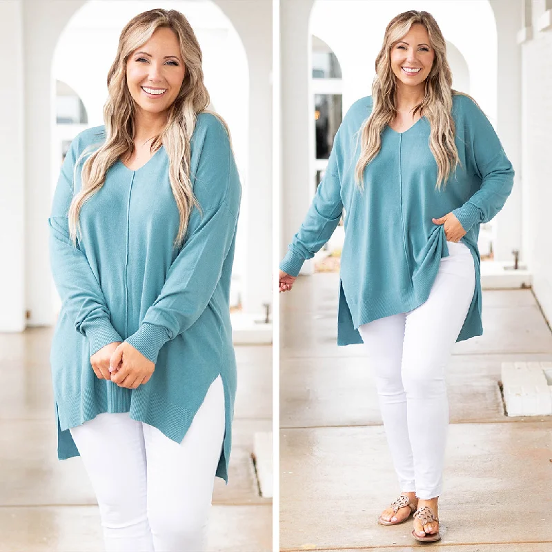 Women's Blouse with U-Shaped CollarMiss Who I Was Sweater, Dusty Teal