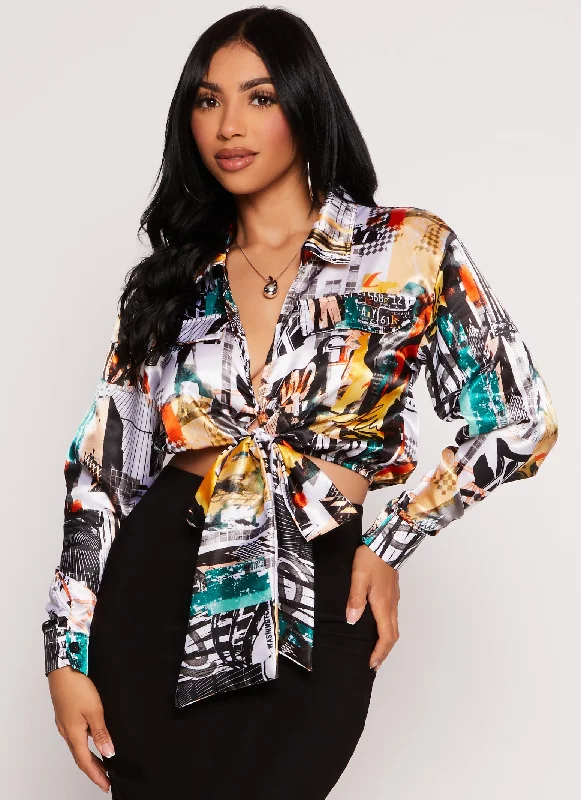 Women's Blouse with Collarless DesignSatin Printed Long Sleeve Tie Front Blouse